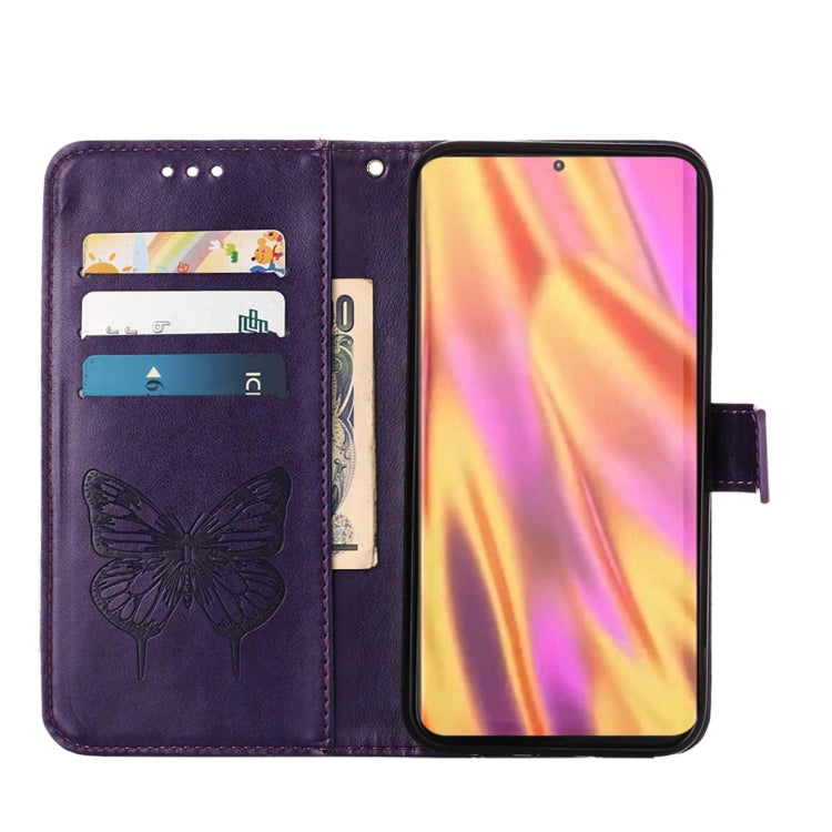 For Samsung Galaxy S22 Ultra 5G Embossed Butterfly Leather Phone Case with Holder & Card Slot & Wallet & Lanyard