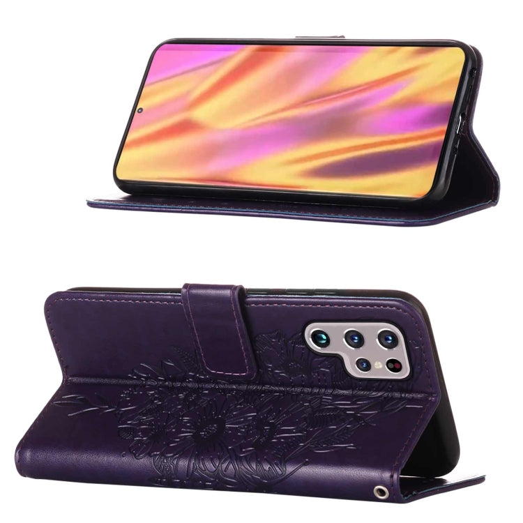 For Samsung Galaxy S22 Ultra 5G Embossed Butterfly Leather Phone Case with Holder & Card Slot & Wallet & Lanyard