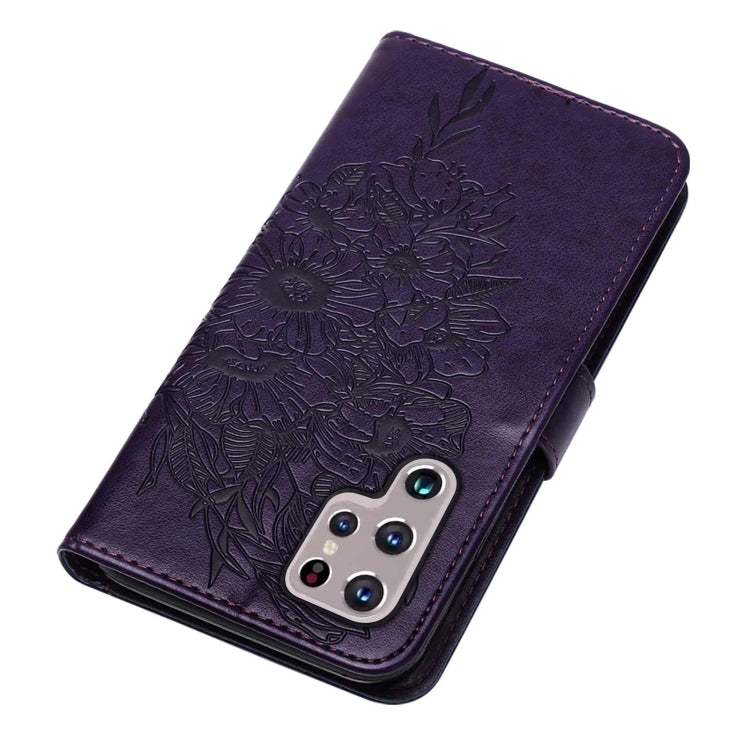 For Samsung Galaxy S22 Ultra 5G Embossed Butterfly Leather Phone Case with Holder & Card Slot & Wallet & Lanyard