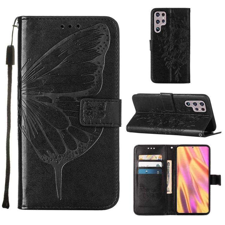 For Samsung Galaxy S22 Ultra 5G Embossed Butterfly Leather Phone Case with Holder & Card Slot & Wallet & Lanyard