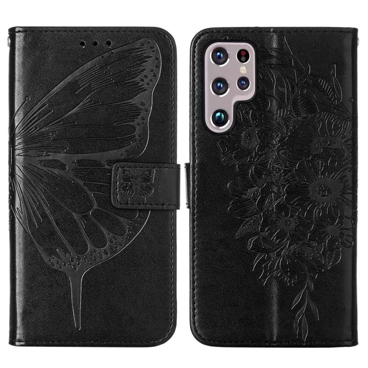 For Samsung Galaxy S22 Ultra 5G Embossed Butterfly Leather Phone Case with Holder & Card Slot & Wallet & Lanyard