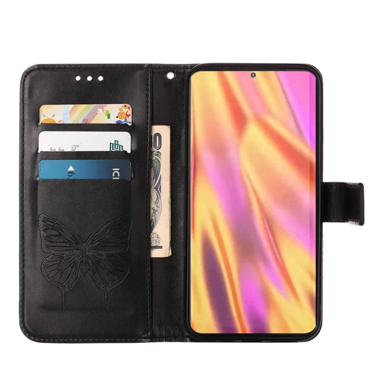 For Samsung Galaxy S22 Ultra 5G Embossed Butterfly Leather Phone Case with Holder & Card Slot & Wallet & Lanyard