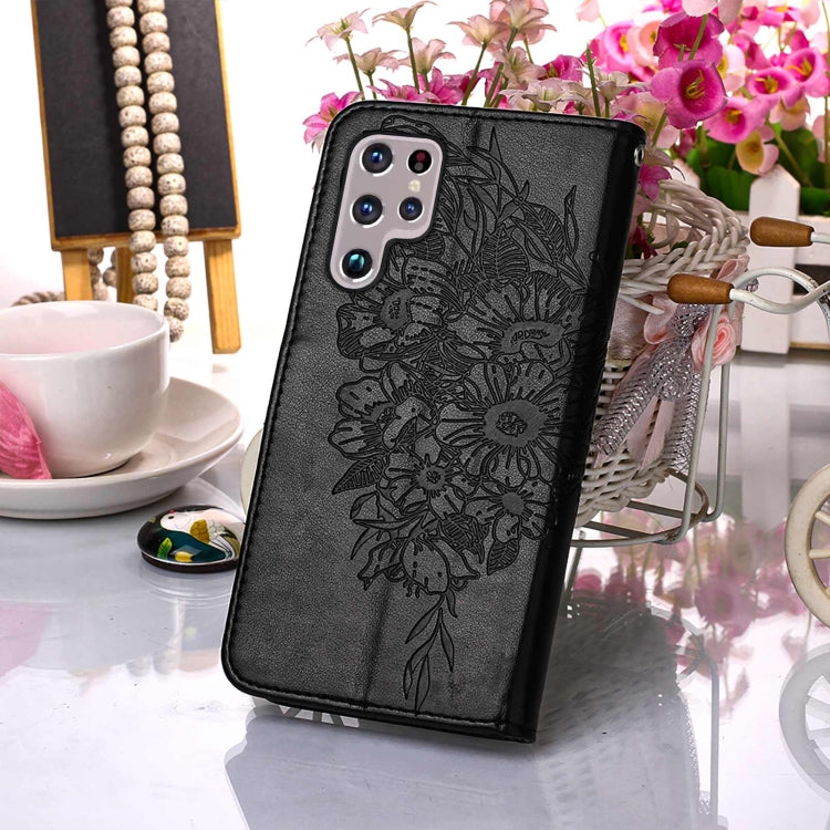 For Samsung Galaxy S22 Ultra 5G Embossed Butterfly Leather Phone Case with Holder & Card Slot & Wallet & Lanyard