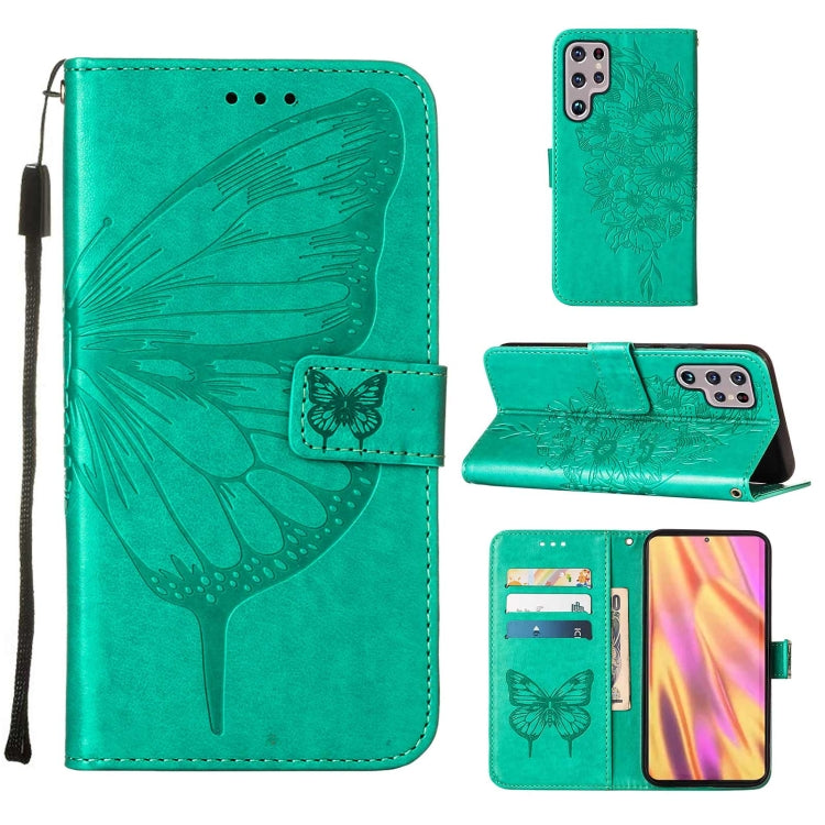 For Samsung Galaxy S22 Ultra 5G Embossed Butterfly Leather Phone Case with Holder & Card Slot & Wallet & Lanyard