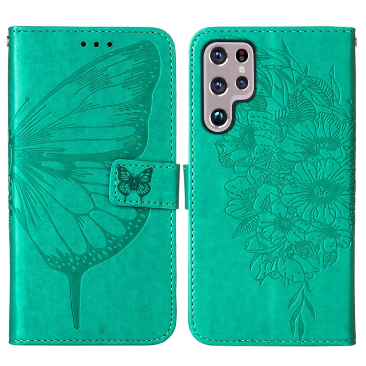 For Samsung Galaxy S22 Ultra 5G Embossed Butterfly Leather Phone Case with Holder & Card Slot & Wallet & Lanyard
