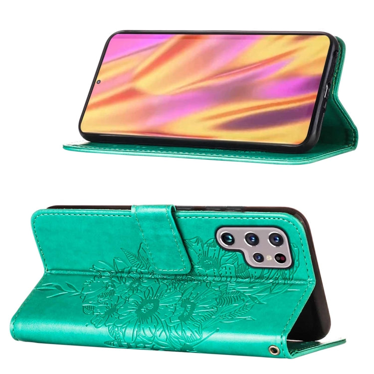 For Samsung Galaxy S22 Ultra 5G Embossed Butterfly Leather Phone Case with Holder & Card Slot & Wallet & Lanyard
