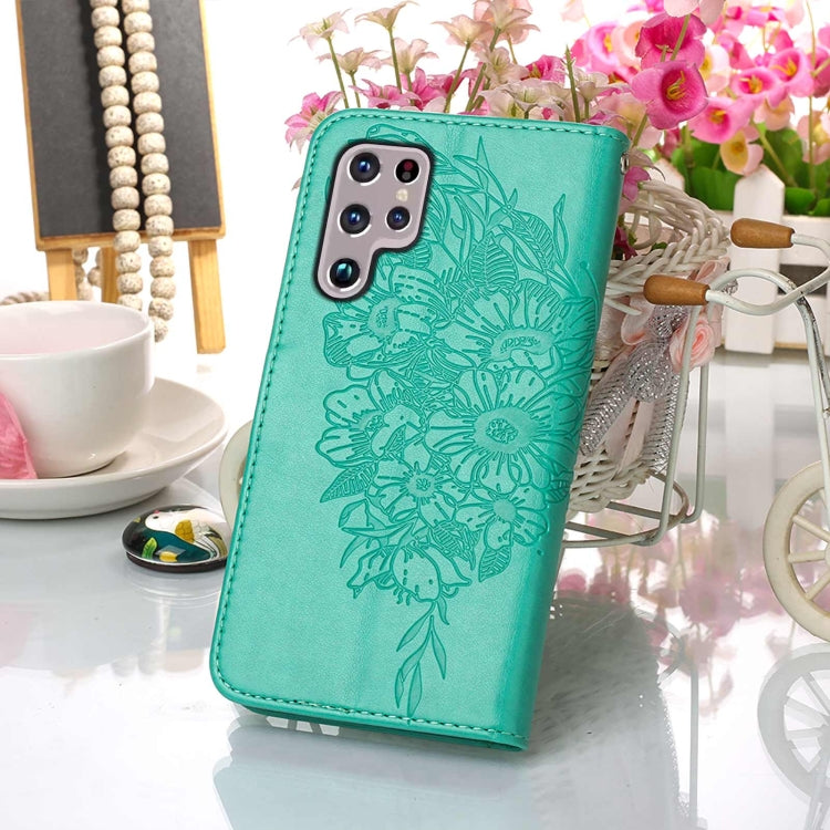 For Samsung Galaxy S22 Ultra 5G Embossed Butterfly Leather Phone Case with Holder & Card Slot & Wallet & Lanyard