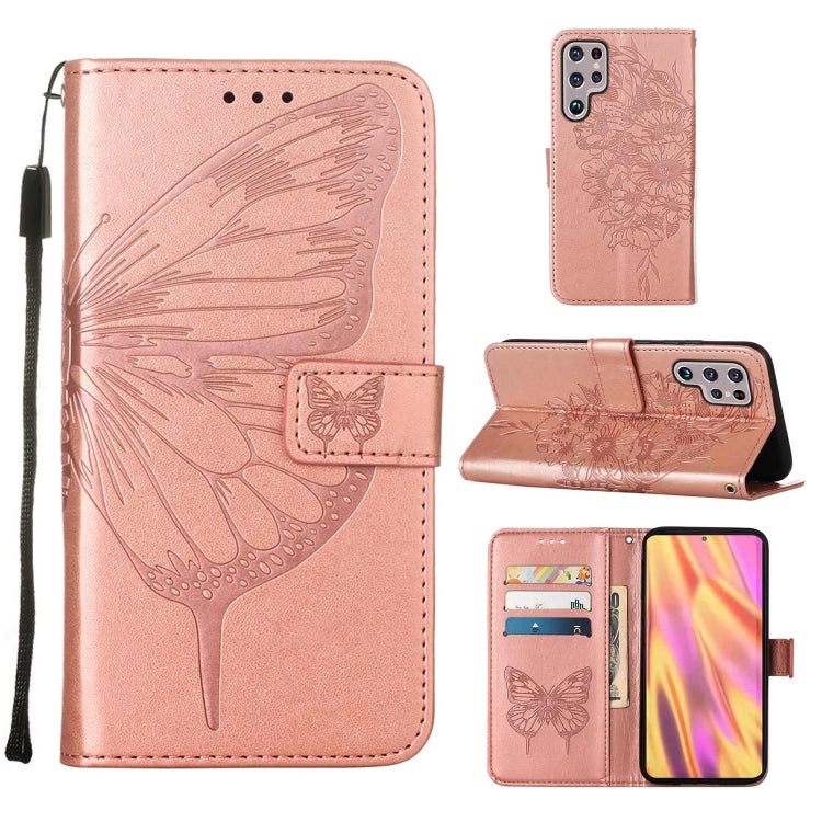 For Samsung Galaxy S22 Ultra 5G Embossed Butterfly Leather Phone Case with Holder & Card Slot & Wallet & Lanyard