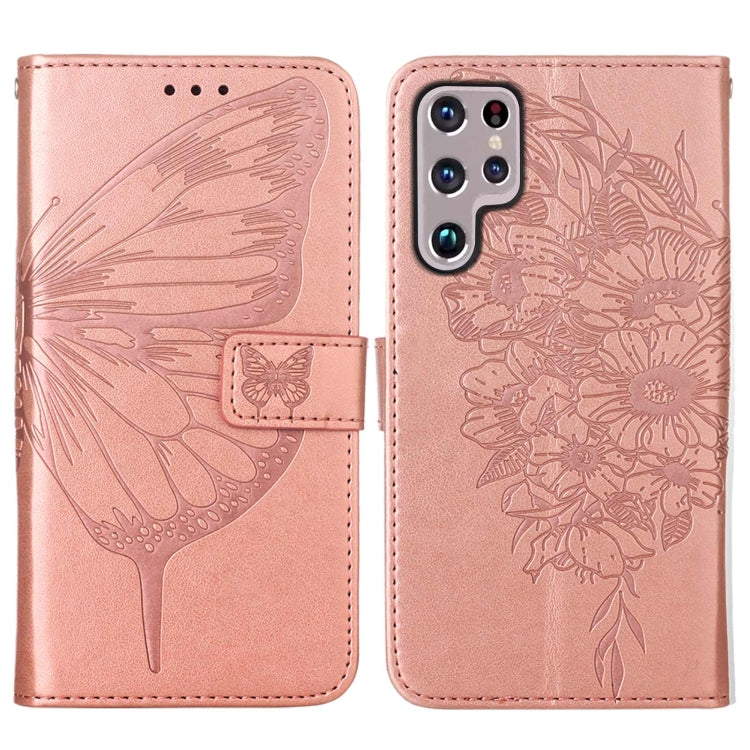 For Samsung Galaxy S22 Ultra 5G Embossed Butterfly Leather Phone Case with Holder & Card Slot & Wallet & Lanyard
