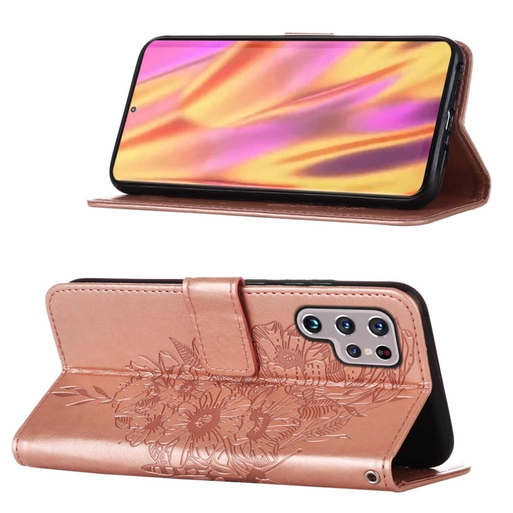 For Samsung Galaxy S22 Ultra 5G Embossed Butterfly Leather Phone Case with Holder & Card Slot & Wallet & Lanyard