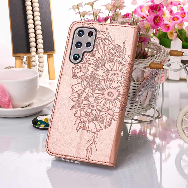 For Samsung Galaxy S22 Ultra 5G Embossed Butterfly Leather Phone Case with Holder & Card Slot & Wallet & Lanyard