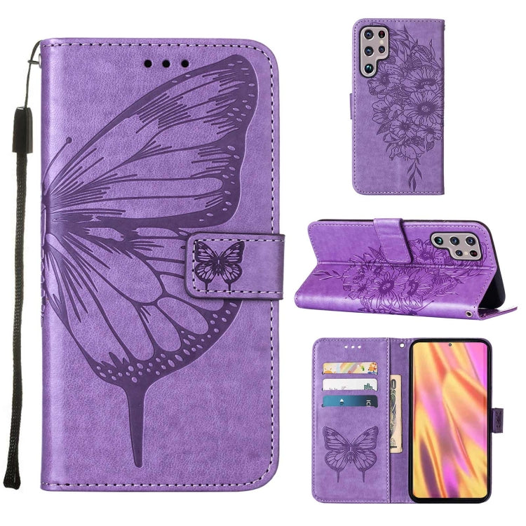 For Samsung Galaxy S22 Ultra 5G Embossed Butterfly Leather Phone Case with Holder & Card Slot & Wallet & Lanyard