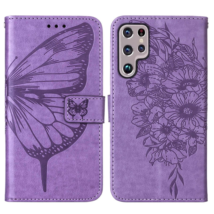 For Samsung Galaxy S22 Ultra 5G Embossed Butterfly Leather Phone Case with Holder & Card Slot & Wallet & Lanyard