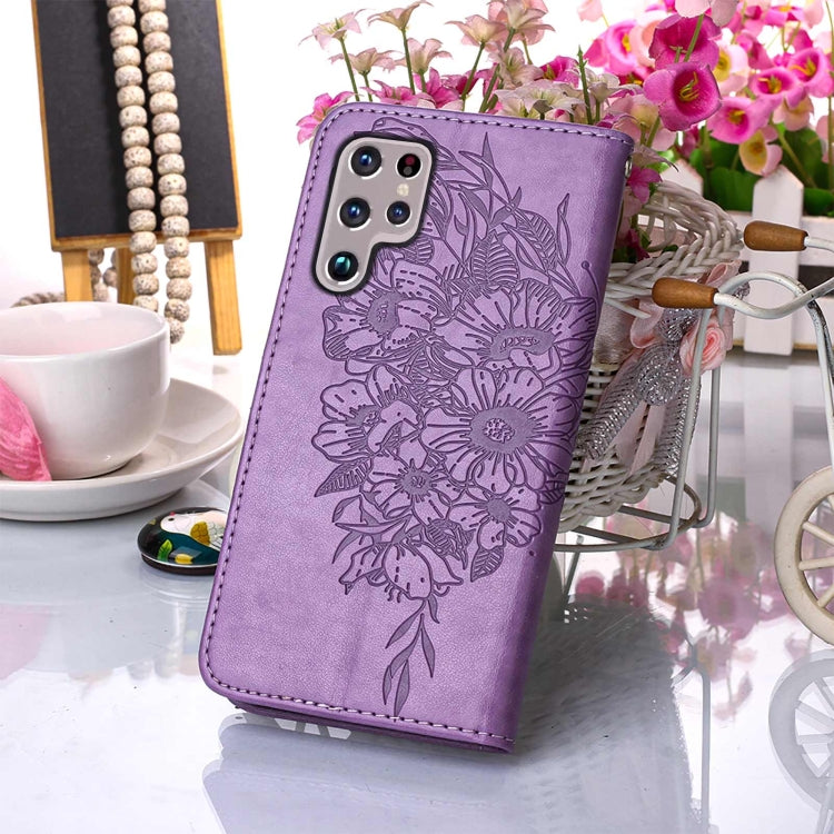For Samsung Galaxy S22 Ultra 5G Embossed Butterfly Leather Phone Case with Holder & Card Slot & Wallet & Lanyard