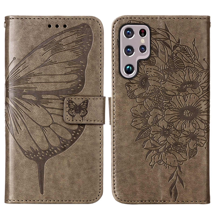 For Samsung Galaxy S22 Ultra 5G Embossed Butterfly Leather Phone Case with Holder & Card Slot & Wallet & Lanyard