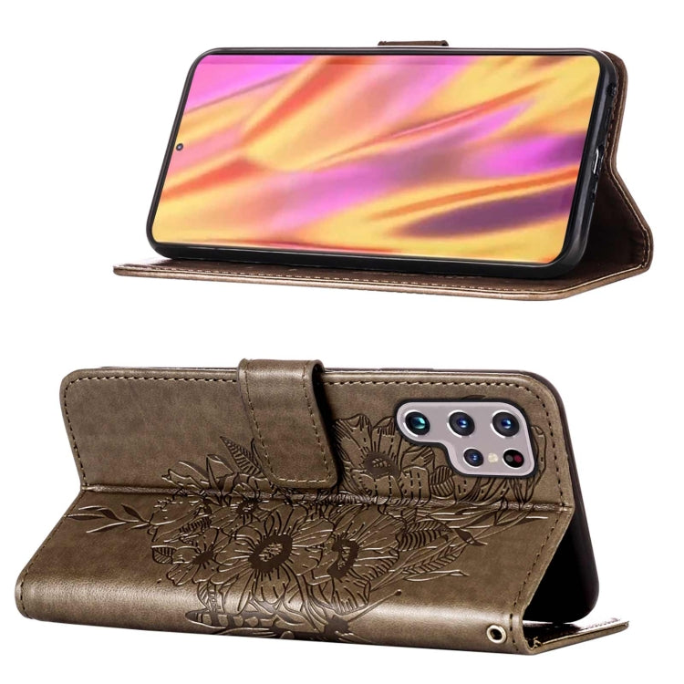 For Samsung Galaxy S22 Ultra 5G Embossed Butterfly Leather Phone Case with Holder & Card Slot & Wallet & Lanyard