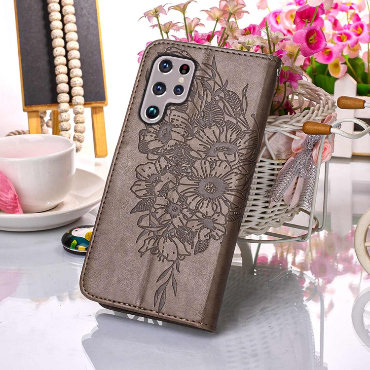 For Samsung Galaxy S22 Ultra 5G Embossed Butterfly Leather Phone Case with Holder & Card Slot & Wallet & Lanyard