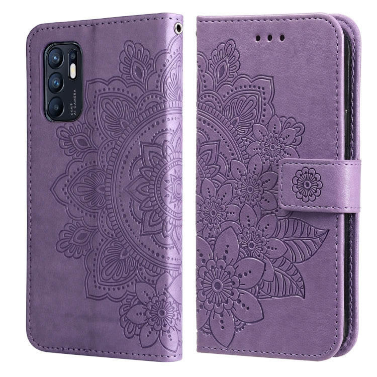 For OPPO Reno6 4G 7-petal Flowers Embossed Flip Leather Phone Case with Holder & Card Slots