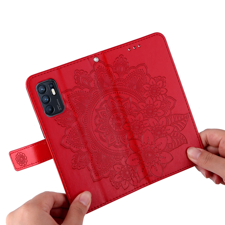 For OPPO Reno6 4G 7-petal Flowers Embossed Flip Leather Phone Case with Holder & Card Slots