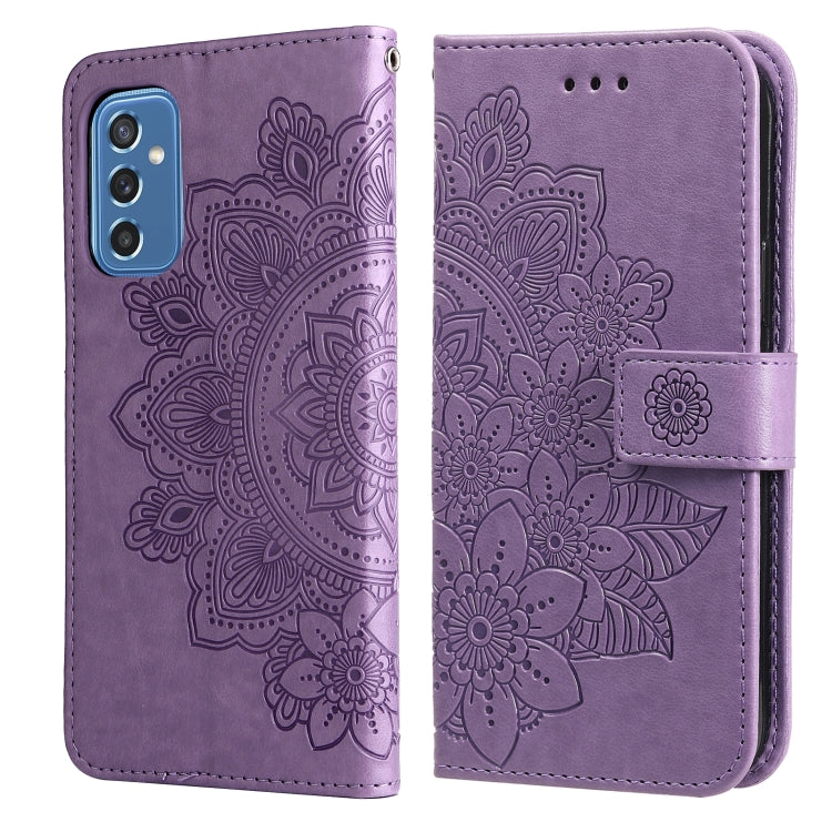 For Samsung Galaxy M52 5G 7-petal Flowers Embossed Flip Leather Phone Case with Holder & Card Slots
