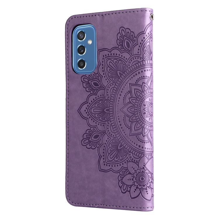For Samsung Galaxy M52 5G 7-petal Flowers Embossed Flip Leather Phone Case with Holder & Card Slots