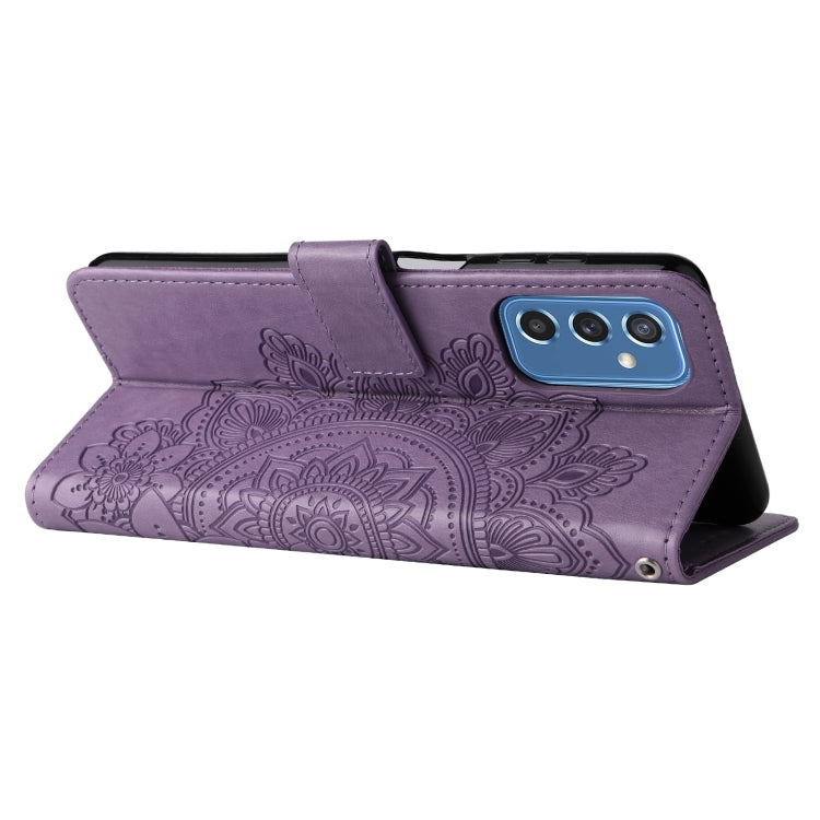 For Samsung Galaxy M52 5G 7-petal Flowers Embossed Flip Leather Phone Case with Holder & Card Slots