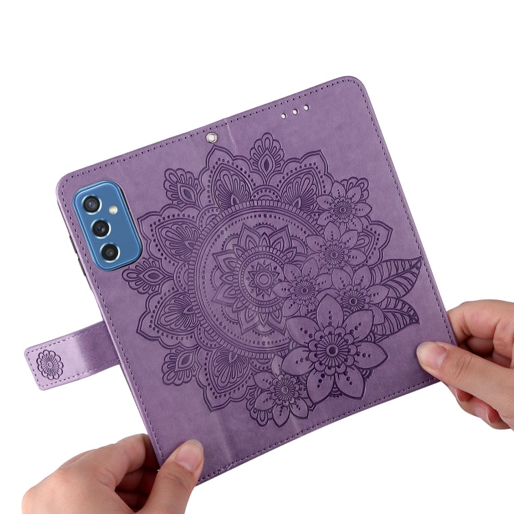 For Samsung Galaxy M52 5G 7-petal Flowers Embossed Flip Leather Phone Case with Holder & Card Slots