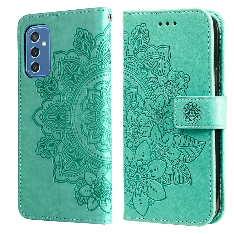 For Samsung Galaxy M52 5G 7-petal Flowers Embossed Flip Leather Phone Case with Holder & Card Slots