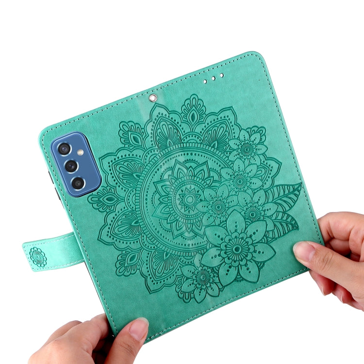 For Samsung Galaxy M52 5G 7-petal Flowers Embossed Flip Leather Phone Case with Holder & Card Slots