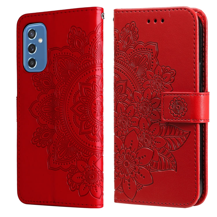 For Samsung Galaxy M52 5G 7-petal Flowers Embossed Flip Leather Phone Case with Holder & Card Slots