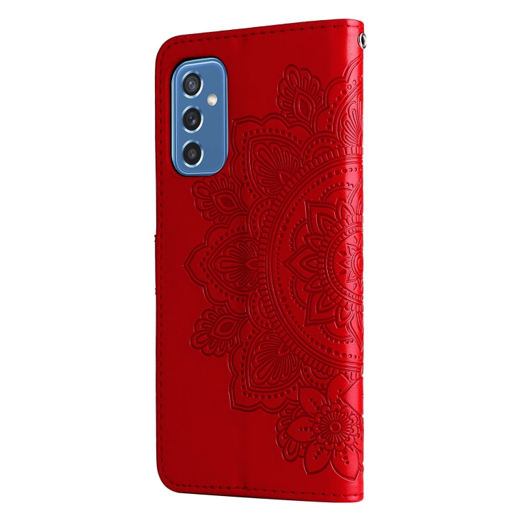 For Samsung Galaxy M52 5G 7-petal Flowers Embossed Flip Leather Phone Case with Holder & Card Slots