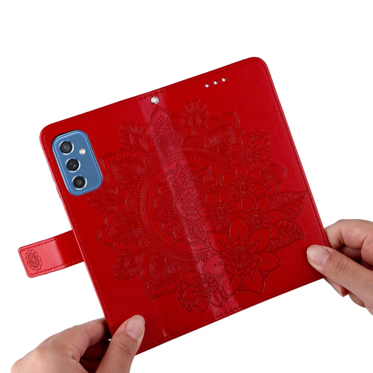 For Samsung Galaxy M52 5G 7-petal Flowers Embossed Flip Leather Phone Case with Holder & Card Slots