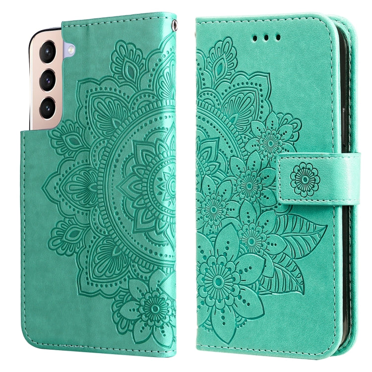 For Samsung Galaxy S22 5G 7-petal Flowers Embossed Flip Leather Phone Case with Holder & Card Slots