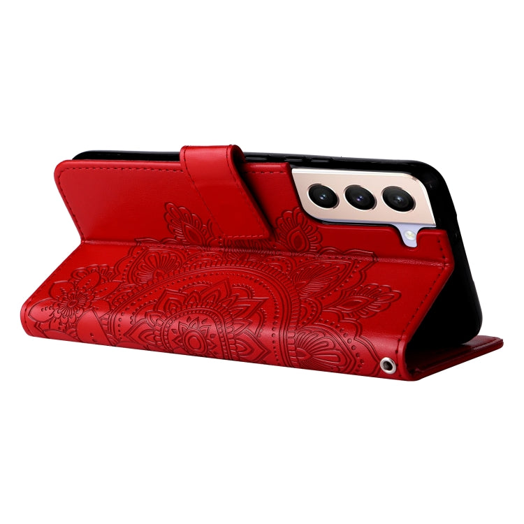 For Samsung Galaxy S22 5G 7-petal Flowers Embossed Flip Leather Phone Case with Holder & Card Slots