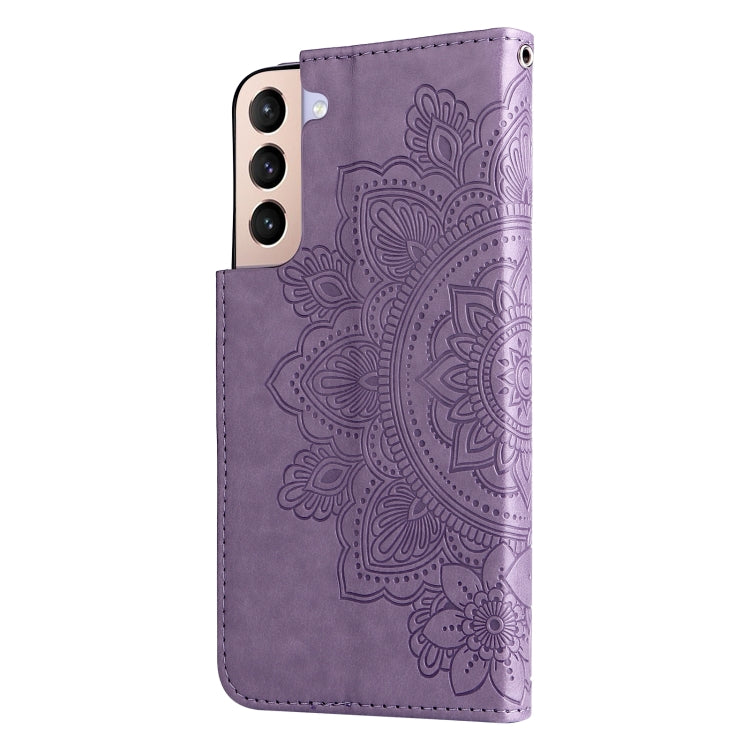 For Samsung Galaxy S22+ 5G 7-petal Flowers Embossed Flip Leather Phone Case with Holder & Card Slots