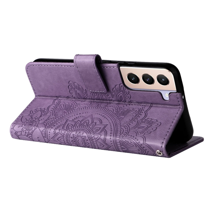 For Samsung Galaxy S22+ 5G 7-petal Flowers Embossed Flip Leather Phone Case with Holder & Card Slots