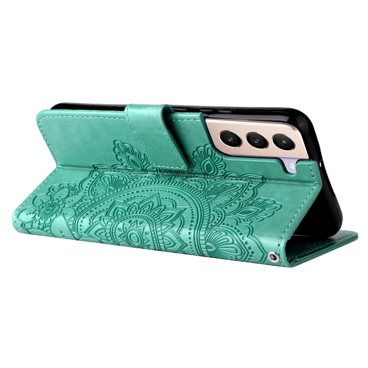 For Samsung Galaxy S22+ 5G 7-petal Flowers Embossed Flip Leather Phone Case with Holder & Card Slots
