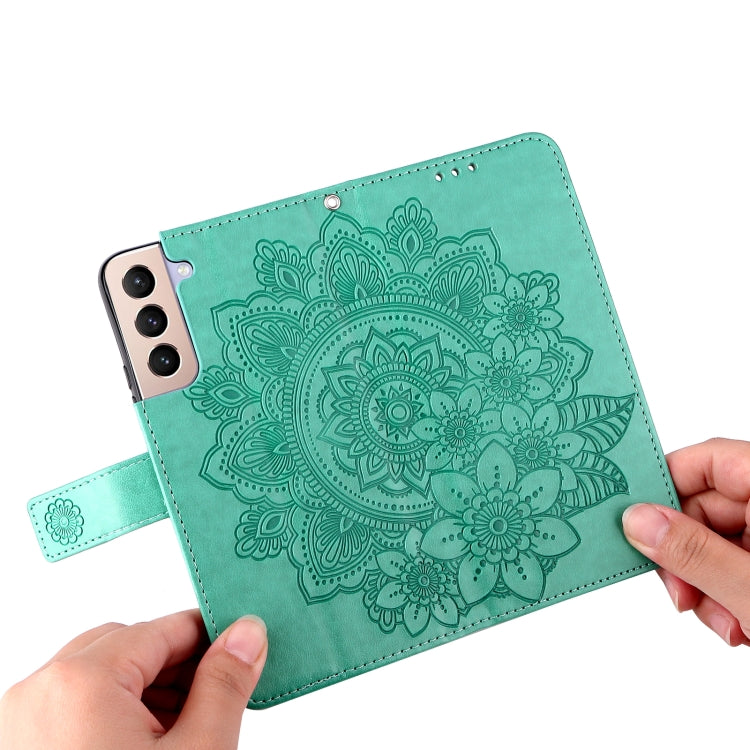 For Samsung Galaxy S22+ 5G 7-petal Flowers Embossed Flip Leather Phone Case with Holder & Card Slots