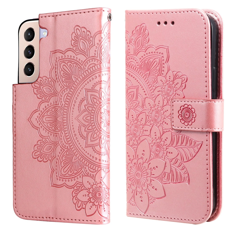 For Samsung Galaxy S22+ 5G 7-petal Flowers Embossed Flip Leather Phone Case with Holder & Card Slots