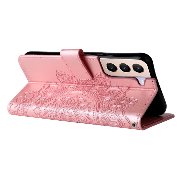 For Samsung Galaxy S22+ 5G 7-petal Flowers Embossed Flip Leather Phone Case with Holder & Card Slots