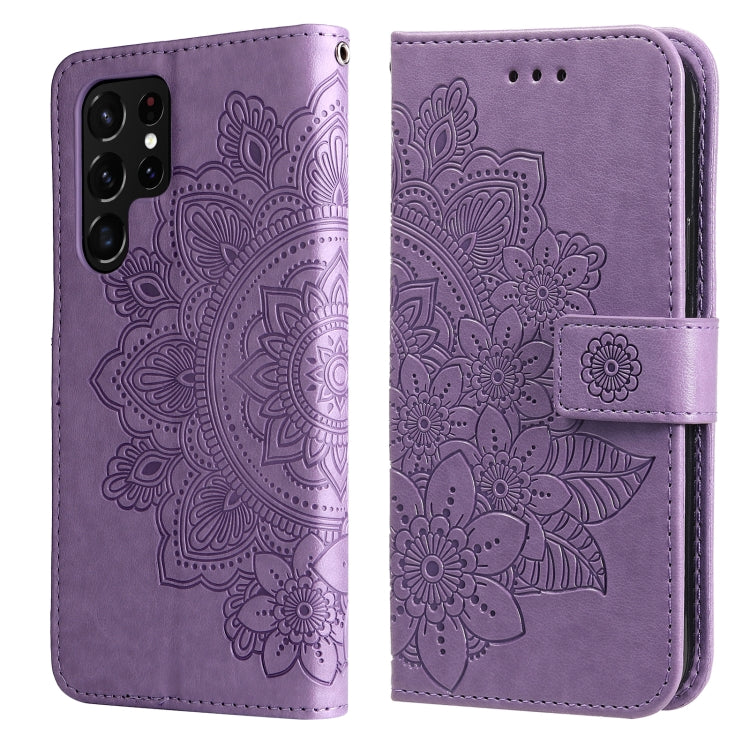 Samsung Galaxy S22 UItra 5G 7-petal Flowers Embossed Flip Leather Phone Case with Holder & Card Slots