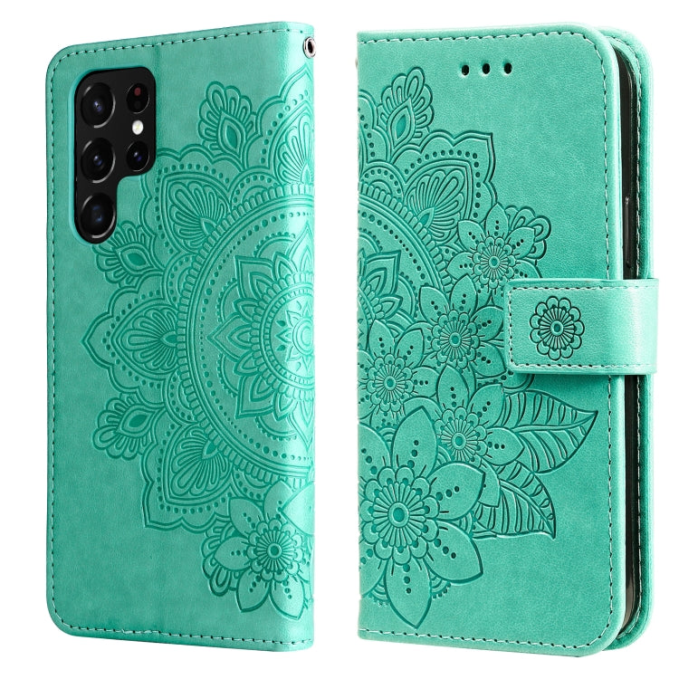 Samsung Galaxy S22 UItra 5G 7-petal Flowers Embossed Flip Leather Phone Case with Holder & Card Slots
