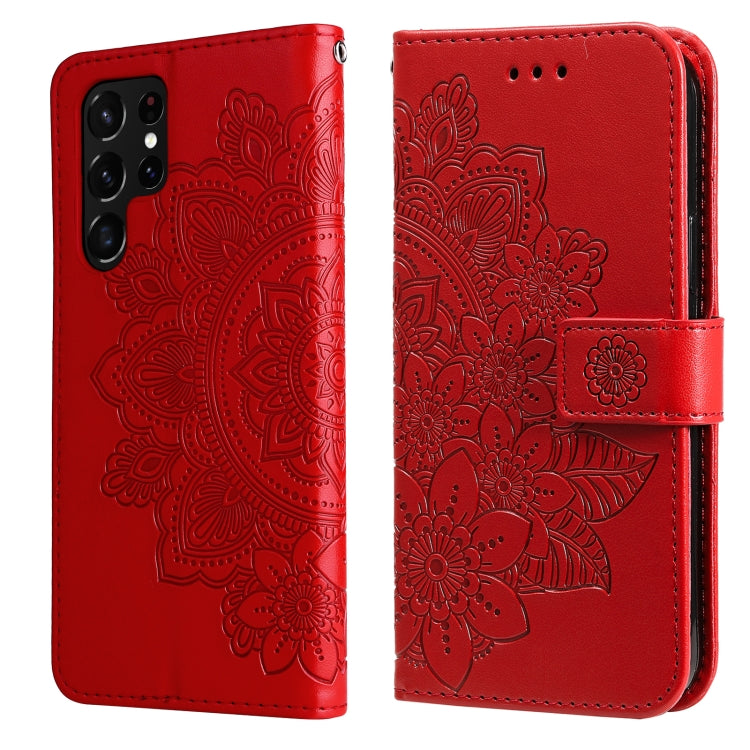 Samsung Galaxy S22 UItra 5G 7-petal Flowers Embossed Flip Leather Phone Case with Holder & Card Slots