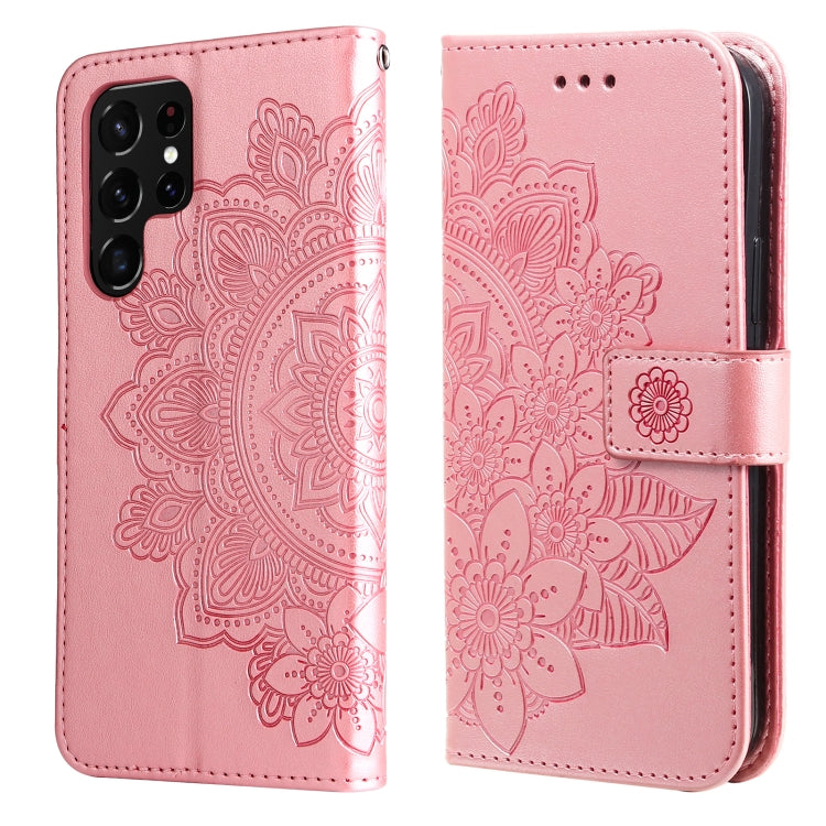 Samsung Galaxy S22 UItra 5G 7-petal Flowers Embossed Flip Leather Phone Case with Holder & Card Slots