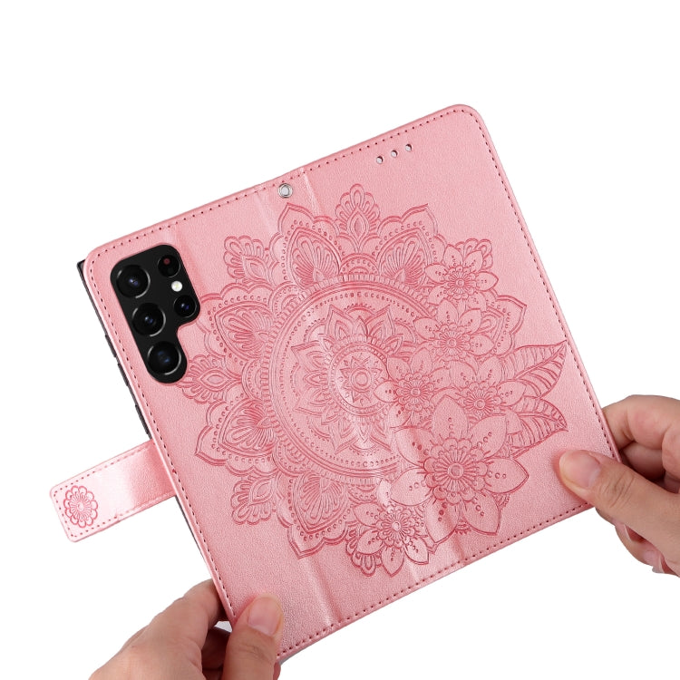 Samsung Galaxy S22 UItra 5G 7-petal Flowers Embossed Flip Leather Phone Case with Holder & Card Slots