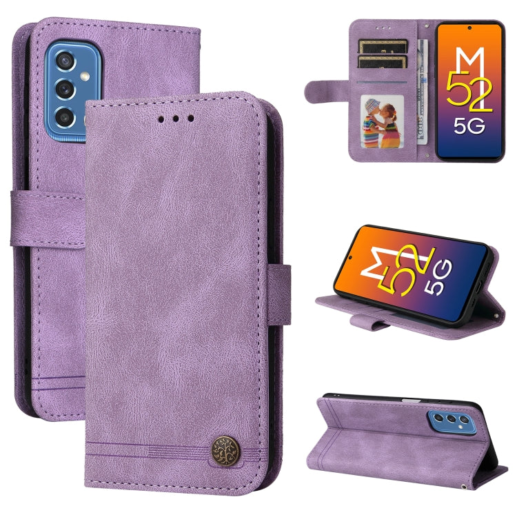 For Samsung Galaxy M52 5G Skin Feel Life Tree Metal Button Horizontal Flip Leather Phone Case
