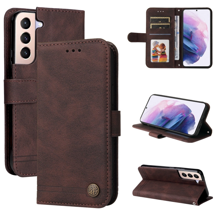 For Samsung Galaxy S22 Skin Feel Life Tree Metal Button Horizontal Flip Leather Phone Case