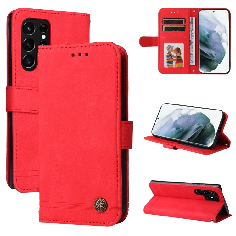 For Samsung Galaxy S22 Ultra Skin Feel Life Tree Metal Button Horizontal Flip Leather Phone Case
