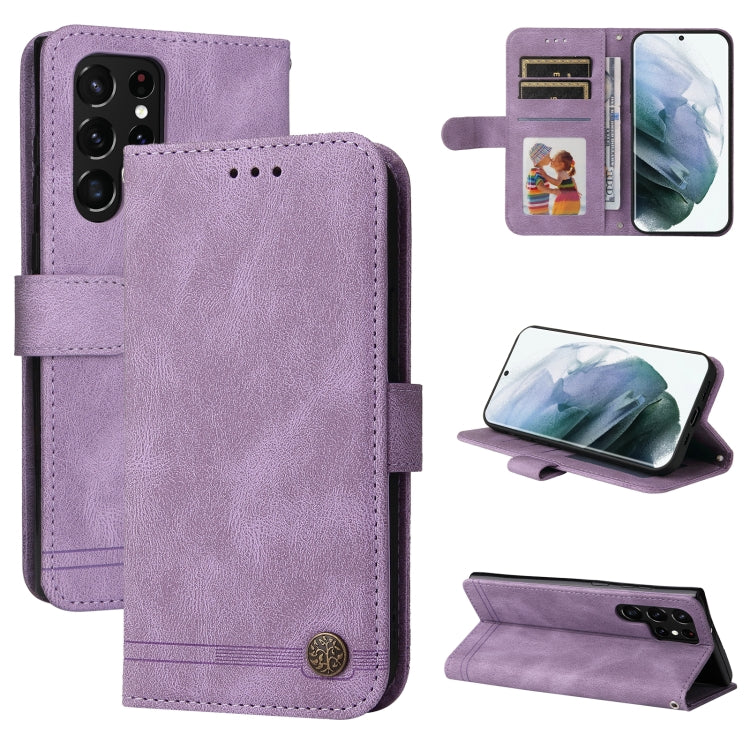 For Samsung Galaxy S22 Ultra Skin Feel Life Tree Metal Button Horizontal Flip Leather Phone Case