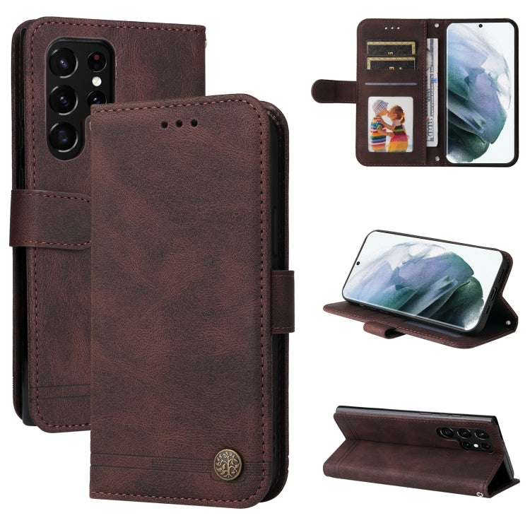 For Samsung Galaxy S22 Ultra Skin Feel Life Tree Metal Button Horizontal Flip Leather Phone Case